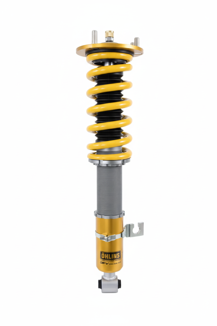 Yellow and silver shock absorber on a white background