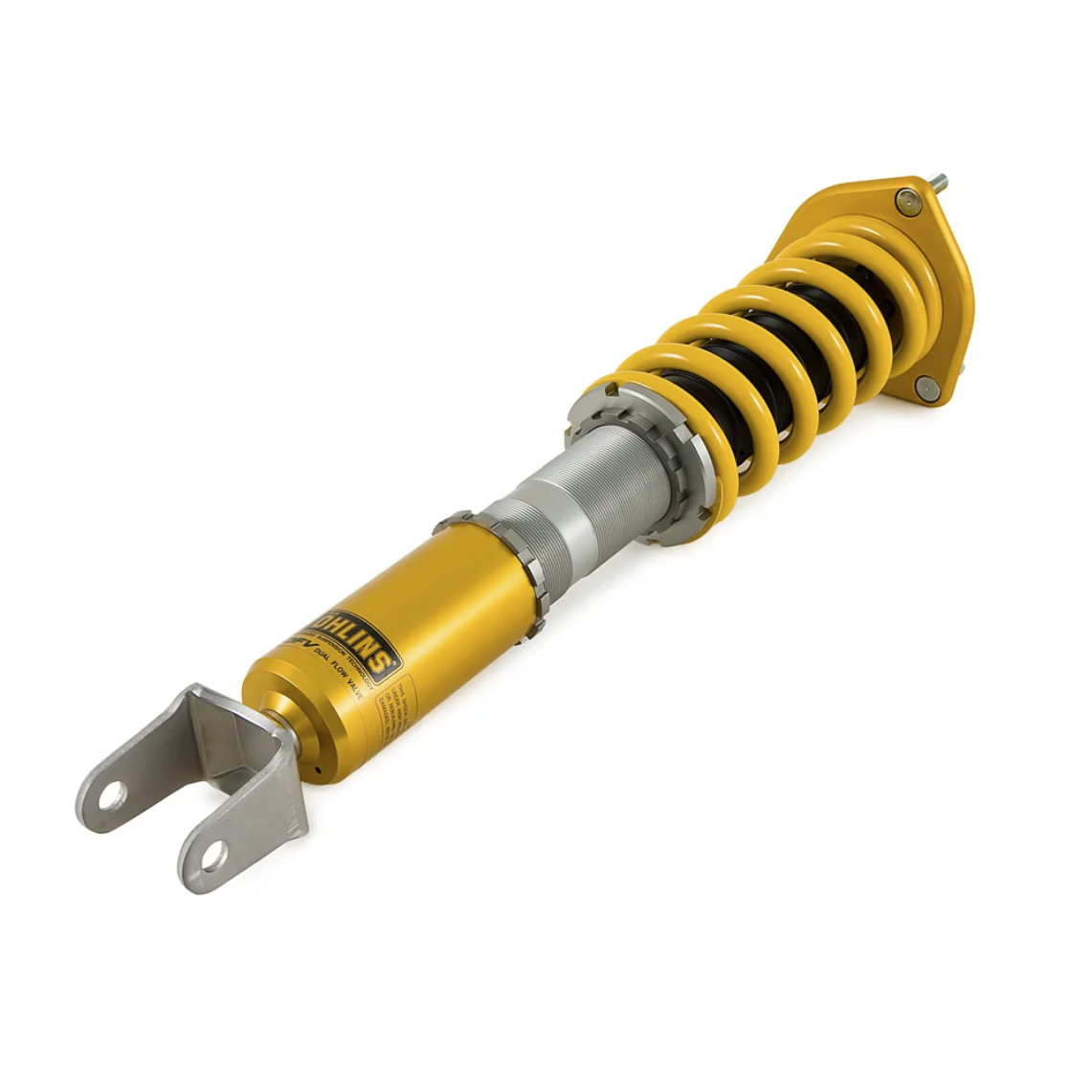 Yellow shock absorber with silver metal bracket on a white background