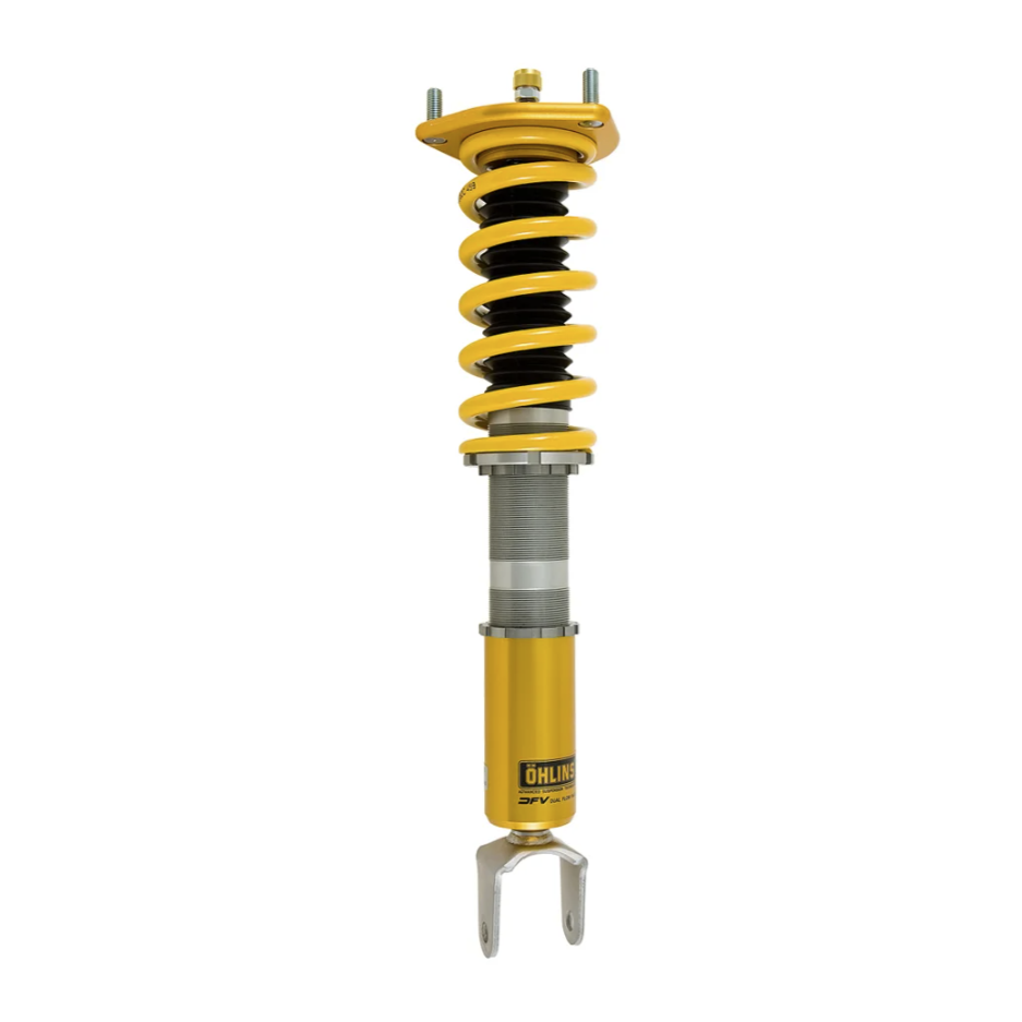 Yellow shock absorber with Ohlins branding on a white background