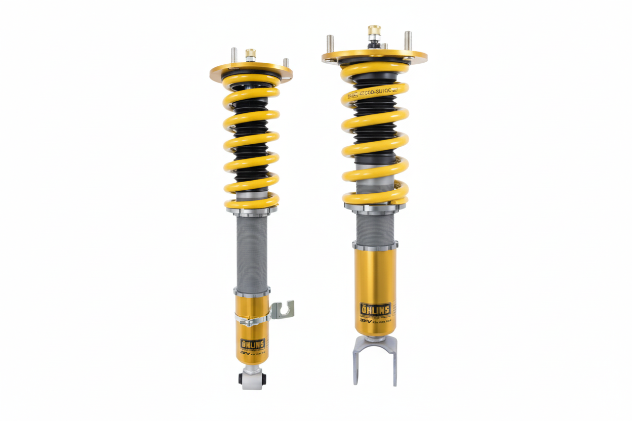 Two yellow and gray Ohlins shock absorbers on a white background